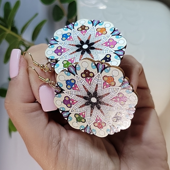 Mandala Wood Drop Earrings - Picture 4 of 4